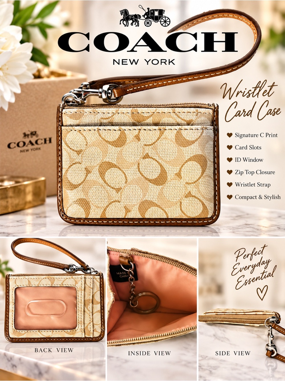 Coach Signature C Mini Skinny ID Card Case Keychain Wristlet in Tan and Brown